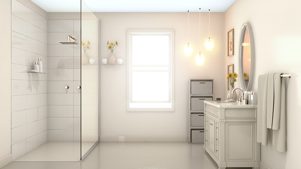 Modern bathroom with shower and vanity.