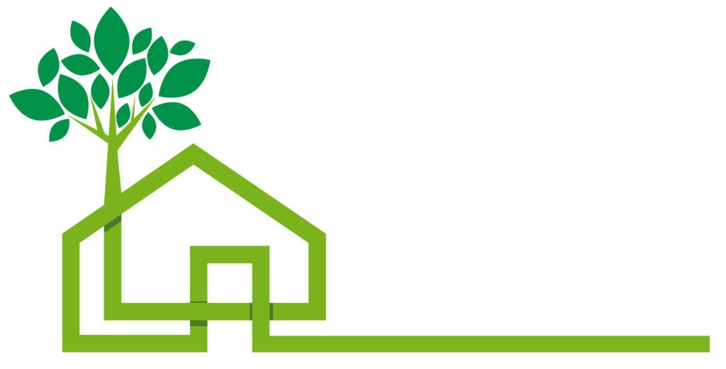 Graphic of a green house and tree.